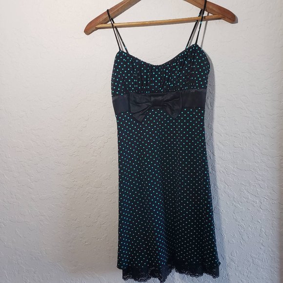 Rampage Black Teal Polka Dot Lace Dress Bow - Picture 2 of 8